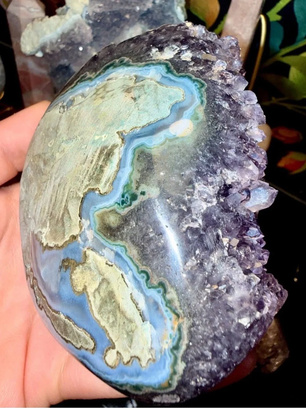 Large Sparkly Uruguayan Amethyst Stalactite Druzy Geode Freeform on Metal Stand